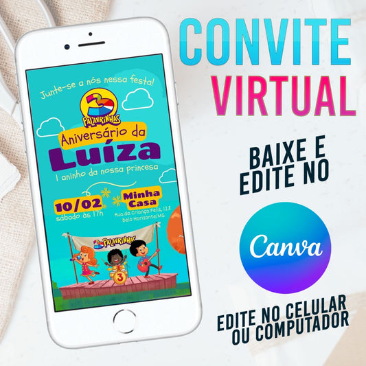 3 palavrinhas convite Editável no Canva. Convite Virtual 3 palavrinhas. Convite Virtual 3 palavrinhas Template Canva.