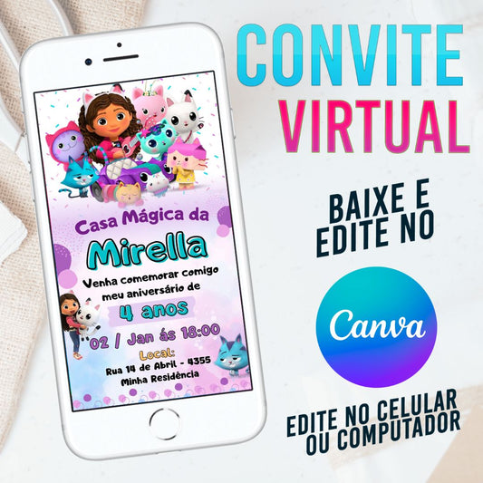 Casa Mágica da Gabby convite Editável no Canva. Convite Virtual  Casa Mágica da Gabby. Convite Virtual Casa Mágica da Gabby Template Canva.