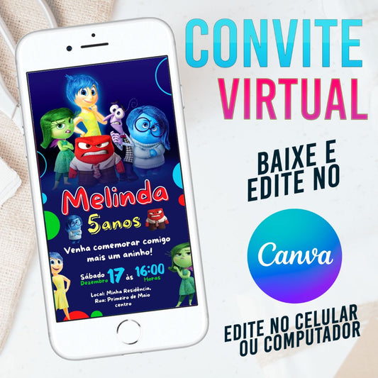 Divertida Mente convite Editável no Canva. Convite Virtual Divertida Mente. Convite Virtual Divertida Mente Template Canva.