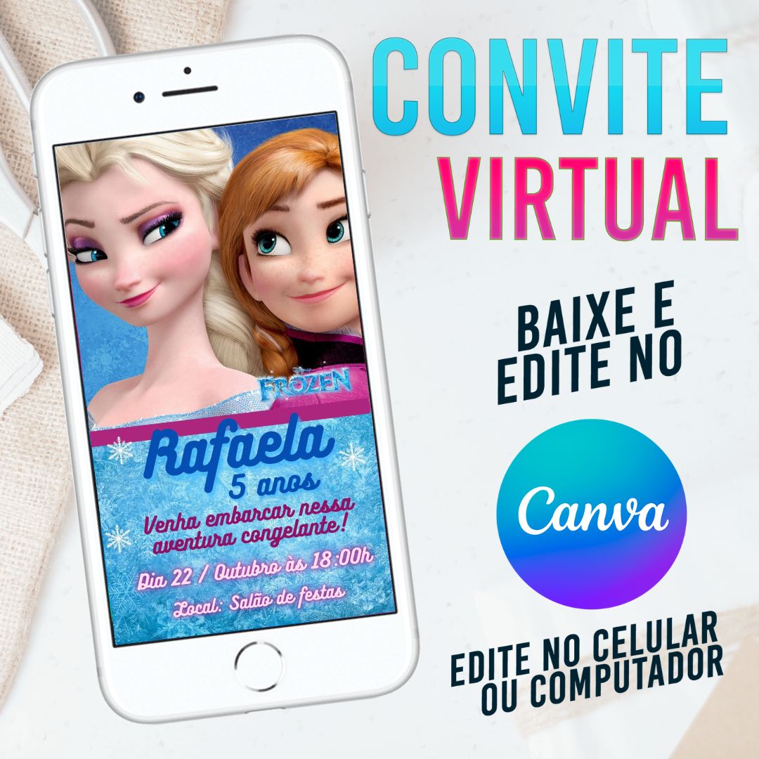 Frozen convite Editável no Canva. Convite Virtual Frozen. Convite Virtual Frozen Template Canva.