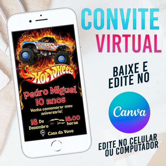 Hotwheels convite Editável no Canva. Convite Virtual Hotwheels. Convite Virtual Hotwheels Template Canva.