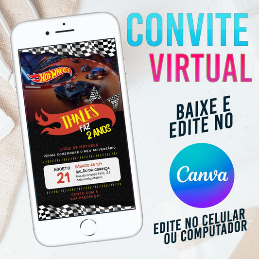 Hotwheels convite Editável no Canva. Convite Virtual Hotwheels. Convite Virtual Hotwheels Template Canva.