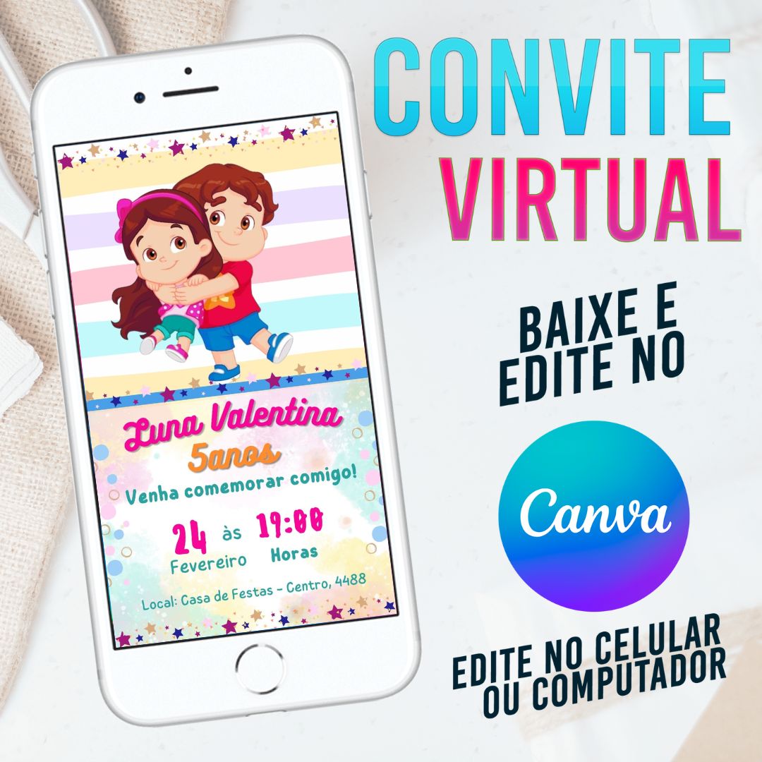 Maria Clara e JP convite Editável no Canva. Convite Virtual Maria Clara e JP. Convite Virtual Maria Clara e JP Template Canva.