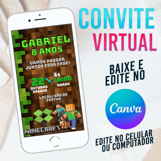 Minecraft convite Editável no Canva. Convite Virtual Minecraft. Convite Virtual Minecraft Template Canva.