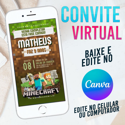 Minecraft convite Editável no Canva. Convite Virtual Minecraft. Convite Virtual Minecraft Template Canva.