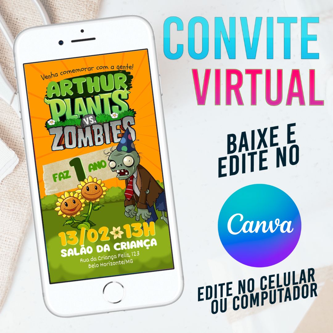 Plants vs. Zombies convite Editável no Canva. Convite Virtual Plants vs. Zombies. Convite Virtual Plants vs. Zombies Template Canva.