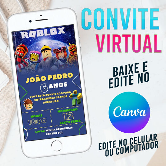 Roblox convite Editável no Canva. Convite Virtual Roblox. Convite Virtual Roblox Template Canva.