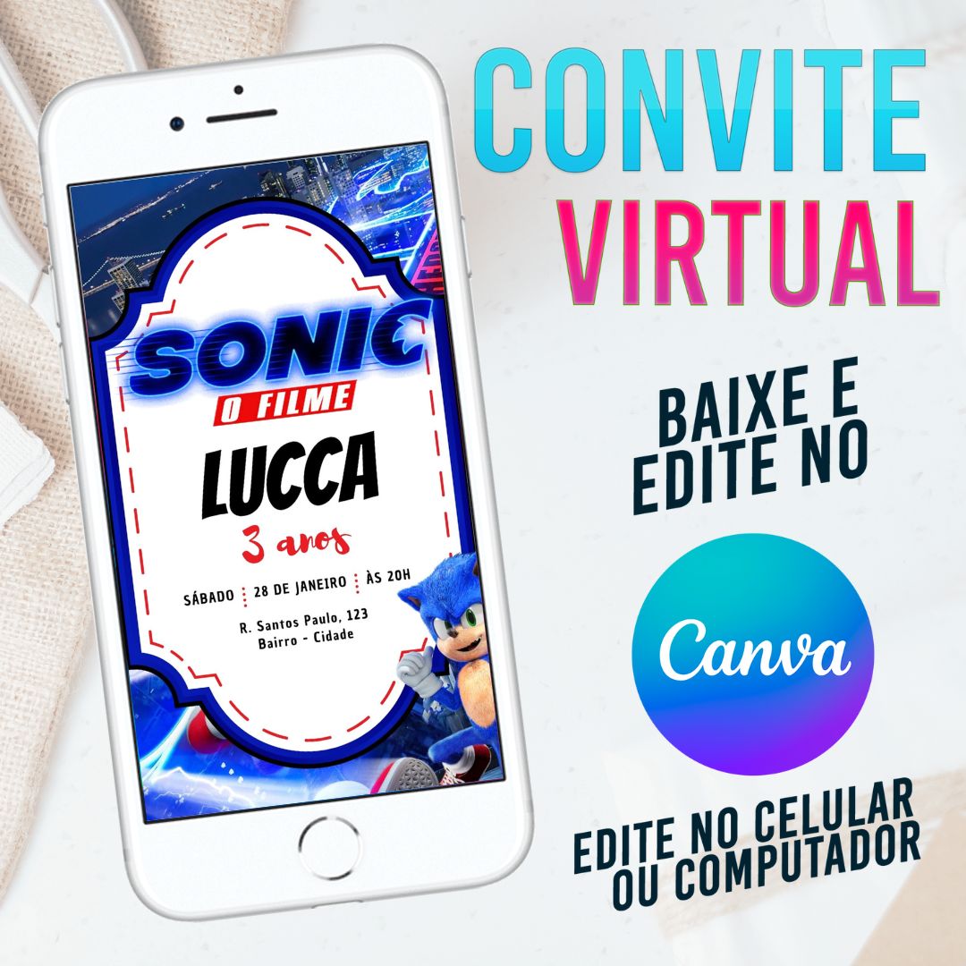 Sonic-O Filme  convite Editável no Canva. Convite Virtual Sonic-O Filme  . Convite Virtual Sonic-O Filme Template Canva.