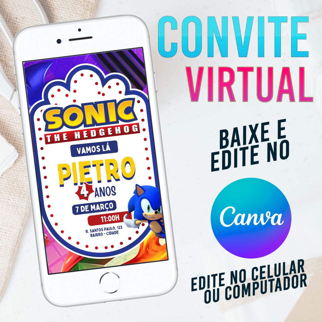 Sonic The Hedgehog convite Editável no Canva. Convite Virtual Sonic The Hedgehog. Convite Virtual Sonic The Hedgehog Template Canva.