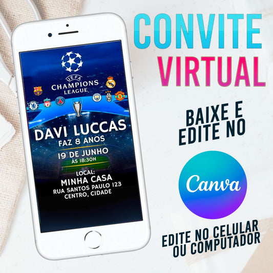 UEFA Champions League Convite Virtual. Convite Virtual UEFA Champions League Template Canva. Convite Futebol Canva.