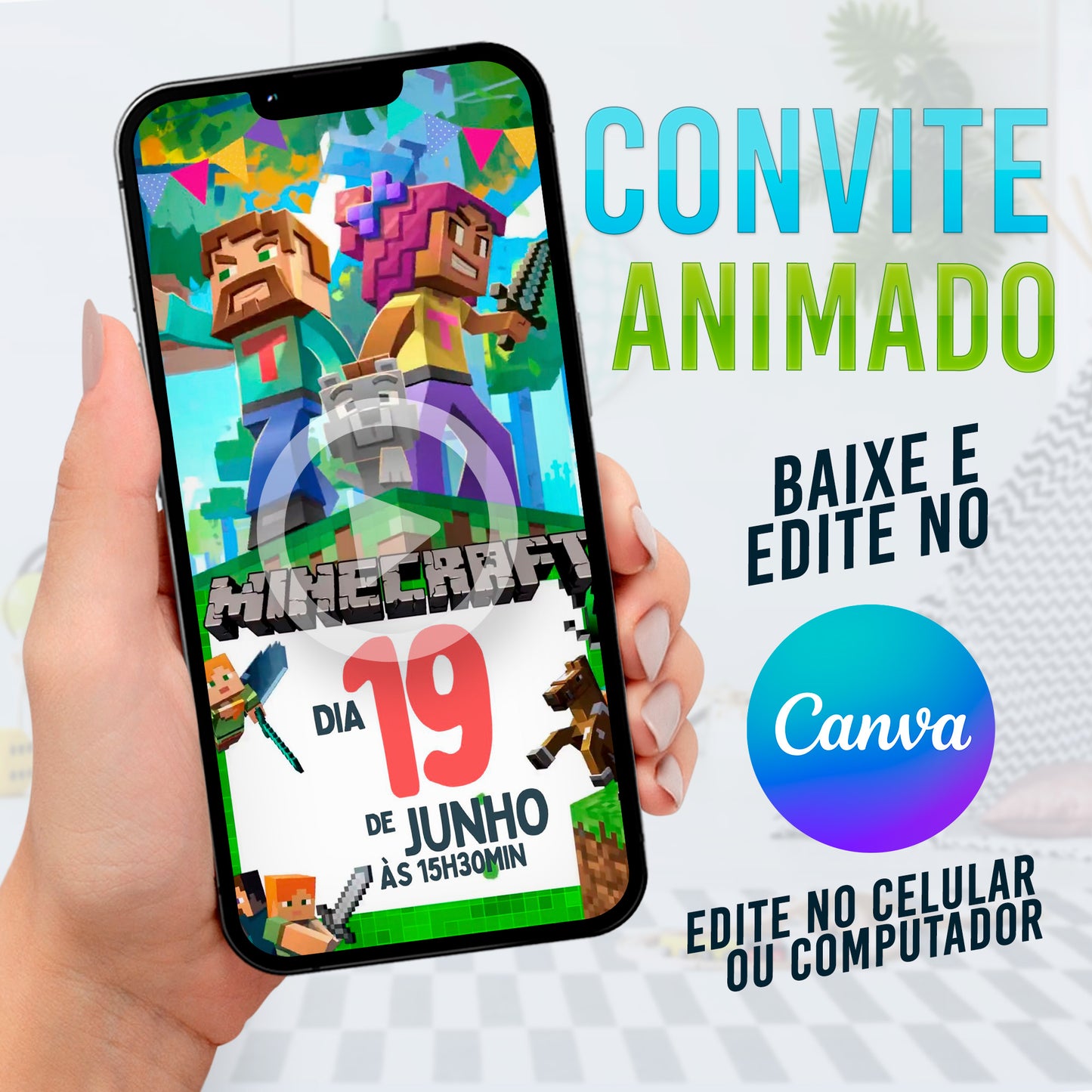 Minecraft Convite Animado editável no Canva. Festa Minecraft. Convite animado Minecraft. Template Convite Minecraft.