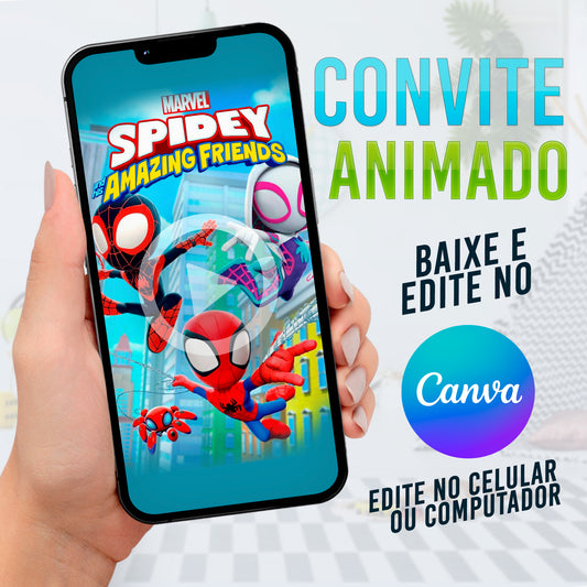 Spidey e Seus Amigos Espetaculares Convite Animado no CANVA. Convite Spidey e Seus Amigos Espetaculares. Festa Spidey e Seus Amigos Espetaculares. Template Canva