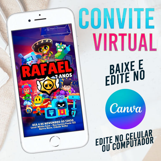 Brawl Stars convite Editável no Canva. Convite Virtual Brawl Stars. Convite Virtual Brawl Stars Template Canva.