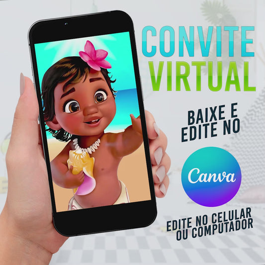 Moana Convite Animado no Canva. Faça você mesmo. Convite Moana. Festa Moana.