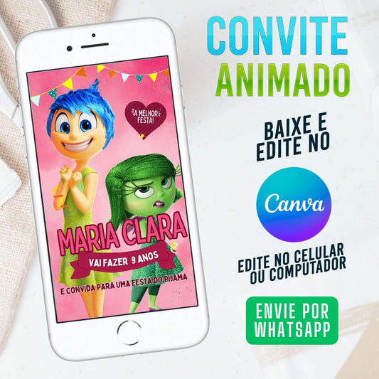 Divertida Mente Convite Animado editável no Canva. Festa Divertida Mente. Convite animado Divertida Mente Template Canva.